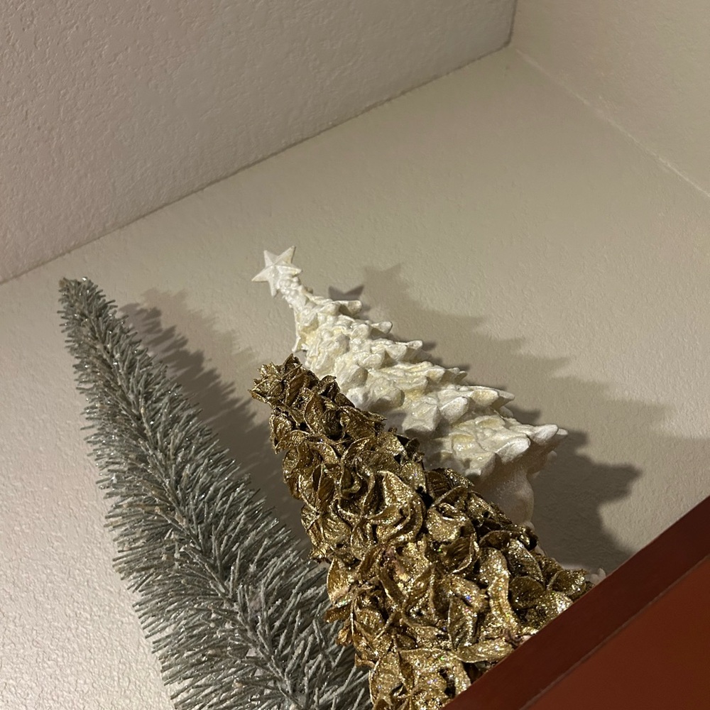 Mini Christmas tree decor. Gold, Greenish Silver, Cream Holiday Tree Set